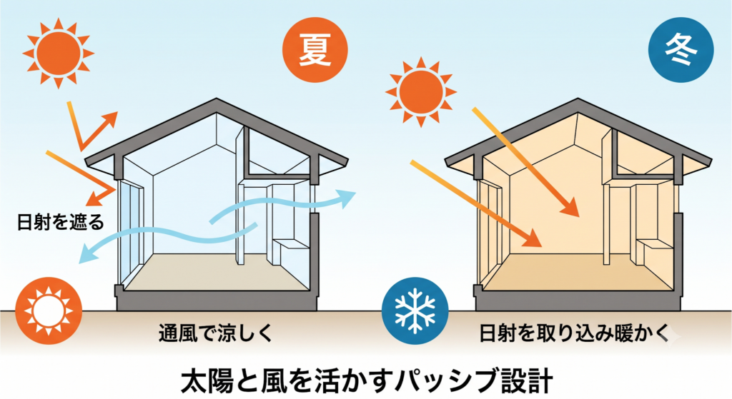 夏は庇で日射を遮り風を通し、冬は日射を取り込む太陽と風を活かすパッシブ設計の季節比較図解