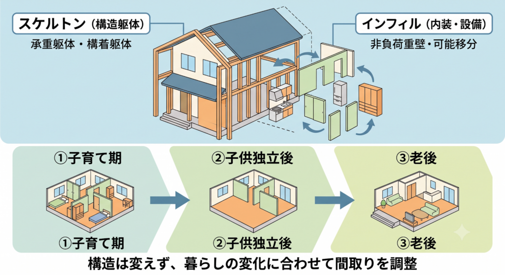 構造躯体と内装を分け、子育て期や老後などライフステージに合わせて間取りを変更できる可変性の図解