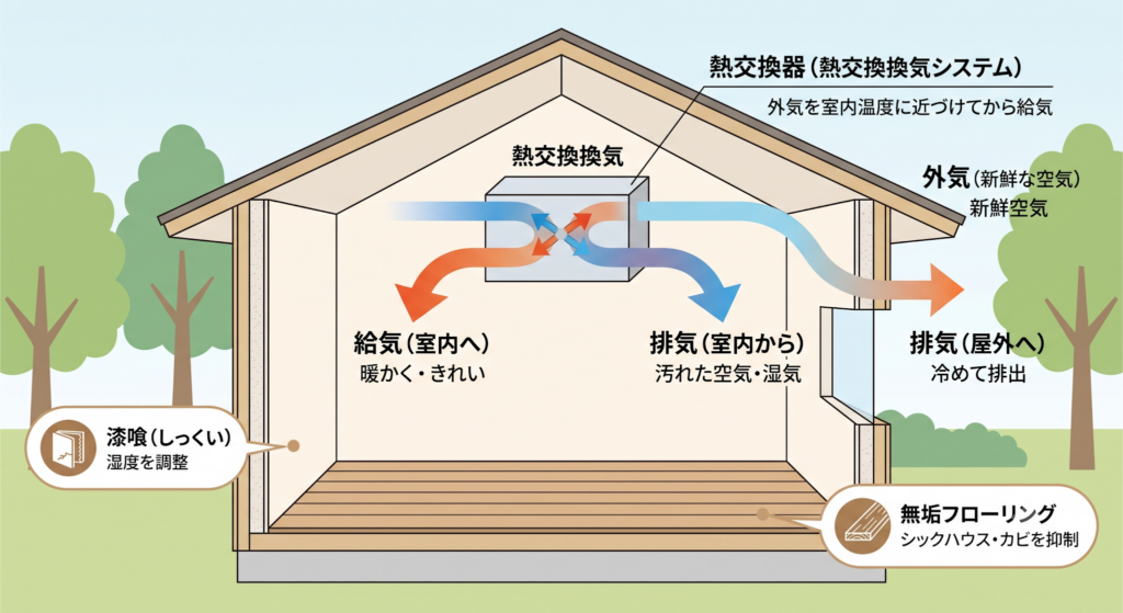 熱交換換気システムと漆喰・無垢材などの自然素材が協力して健康的な空気環境を作る仕組みの図解