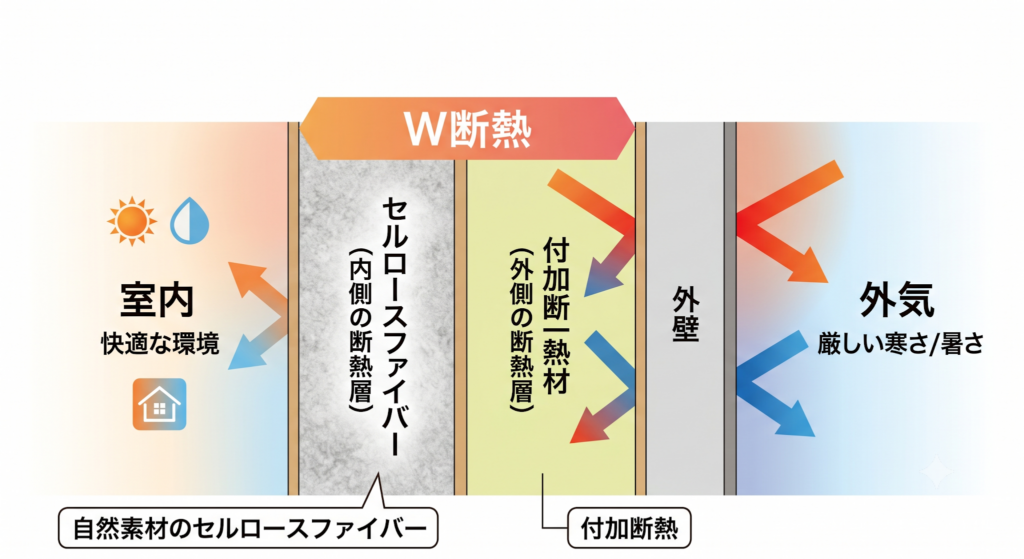 住宅の壁断面図。セルロースファイバーと付加断熱による「W断熱」で、室内を快適に保つ仕組みを解説