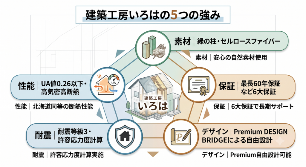 建築工房いろはの5つの強み(性能、耐震、素材、保証、デザイン)をイラストと数値でまとめた図解