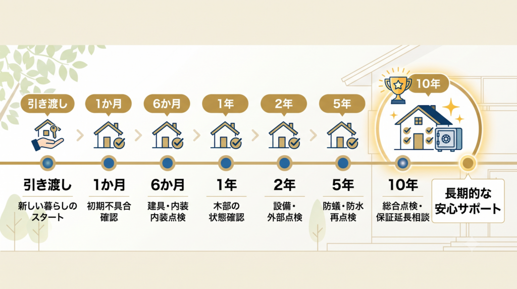 引き渡しから10年目までの定期訪問サポートスケジュールと点検内容を示すタイムライン図。