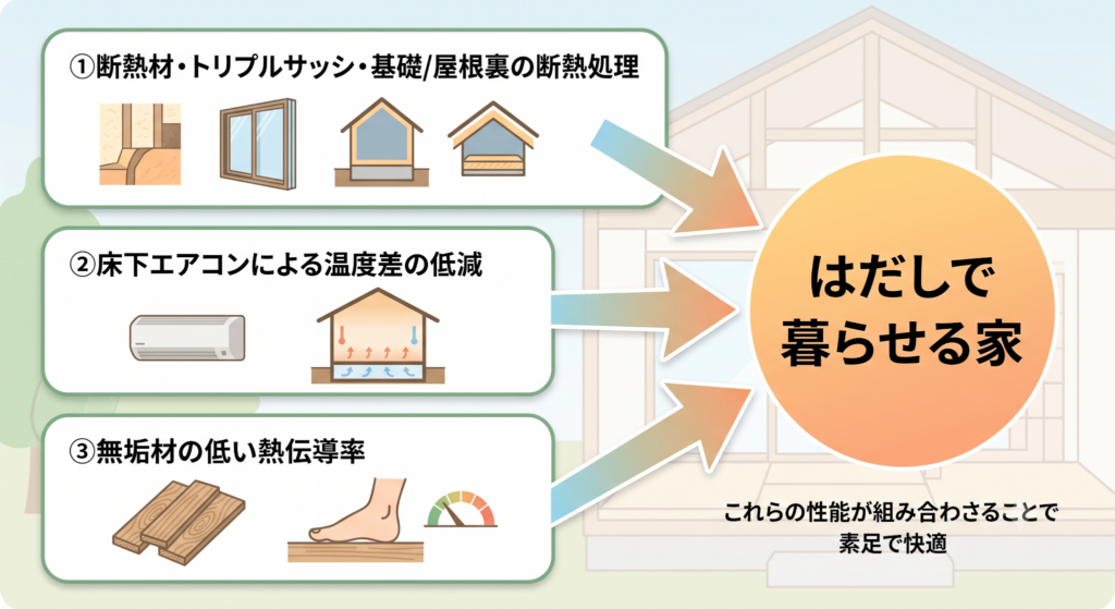 「W断熱」や「床下エアコン」、「無垢材」の性能が合わさり、「素足で快適に暮らせる家」が実現する仕組みの図解