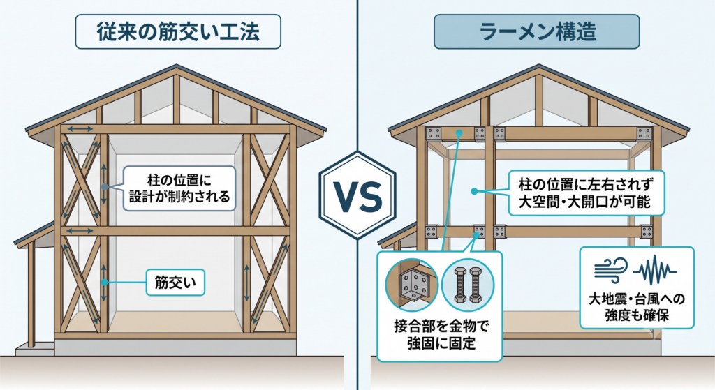 柱の間に斜めの筋交いが入った「従来の工法」と、柱と梁の接合部を金具で強固に固定した「ラーメン構造」の比較図