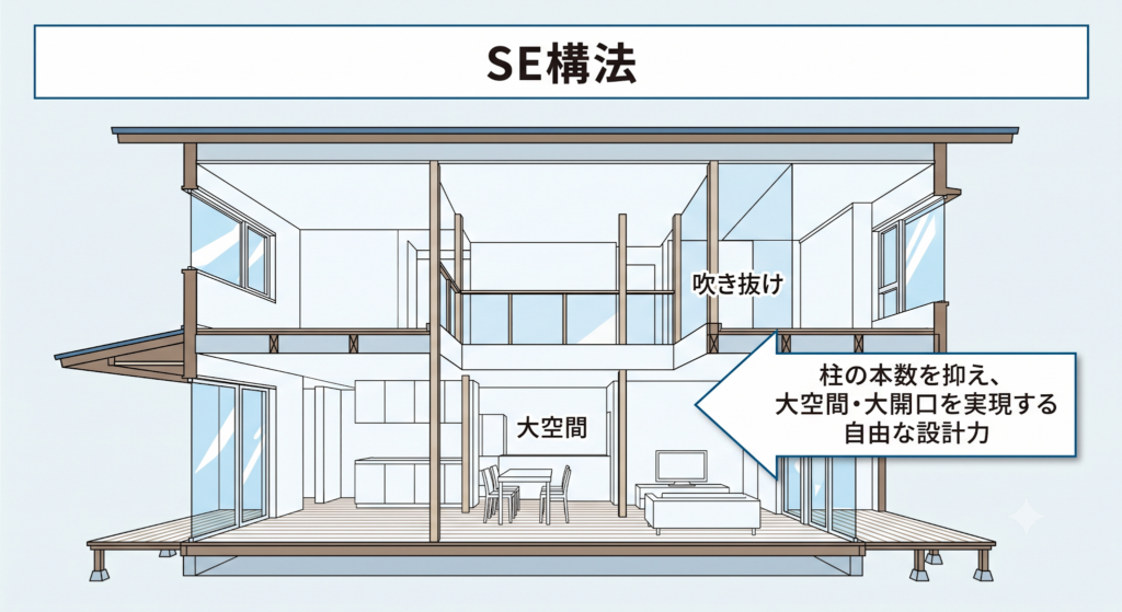 吹き抜けや広い空間があり、少ない柱で支えるSE構法の特徴を説明する二階建て住宅の断面図