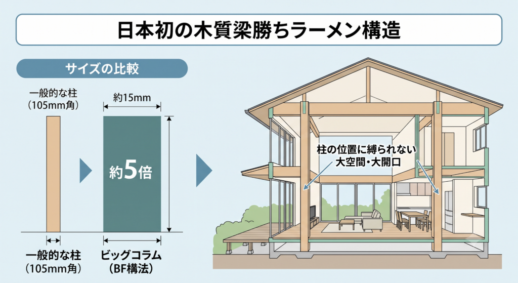一般的な柱と、約5倍の太さを持つBF構法のビッグコラムのサイズを比較した図解