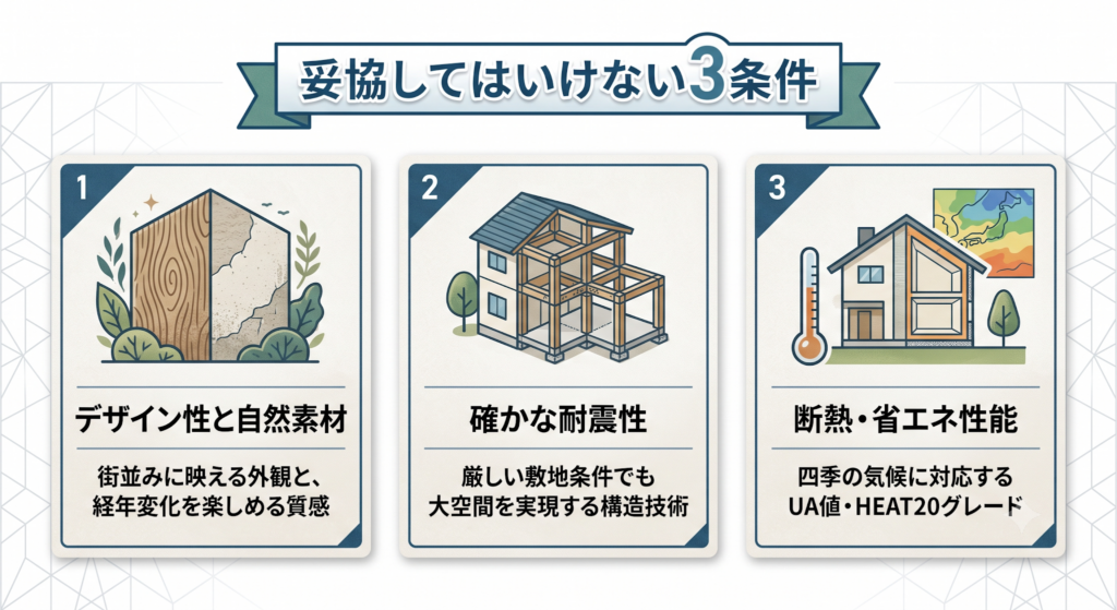 自然素材、耐震性、断熱・省エネ性能の3つの強みを示す建築工法の比較図
