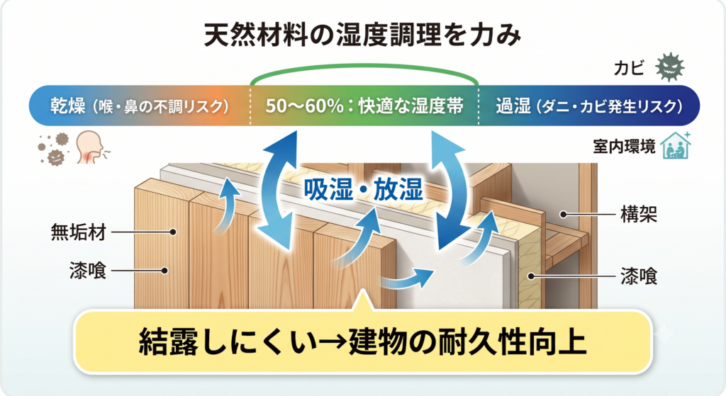 無垢材と漆喰による調湿メカニズムと快適な湿度帯（50～60%）、耐久性向上への効果を示す概念図。
