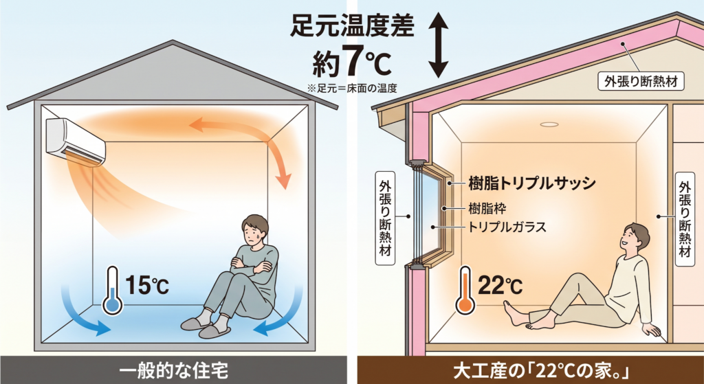 一般的な住宅（足元15℃）と大工産の「22℃の家。」（足元22℃）の足元温度差約7℃を示す比較図。