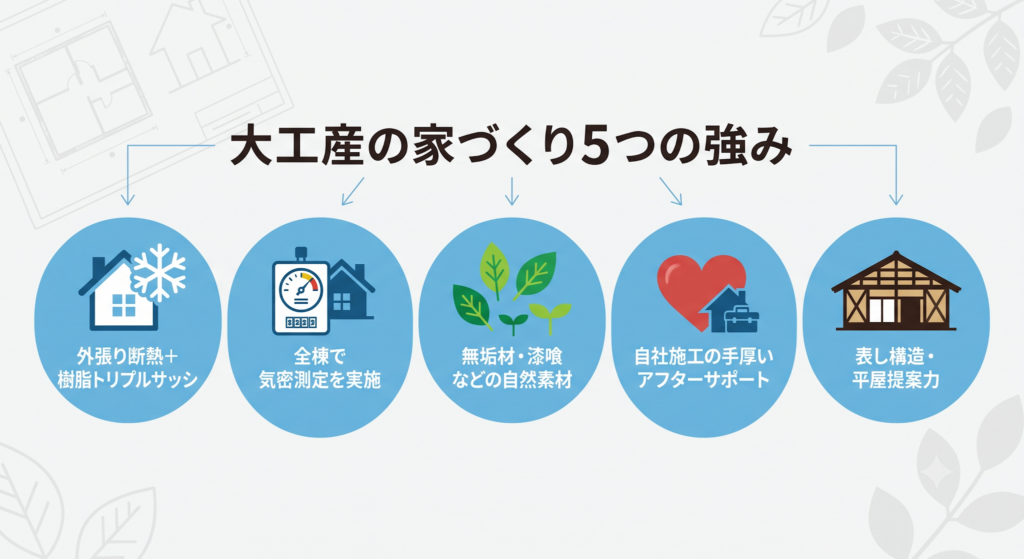 大工産の家づくり5つの強み（断熱、気密測定、自然素材、アフターサポート、平屋提案力）を示す図解。