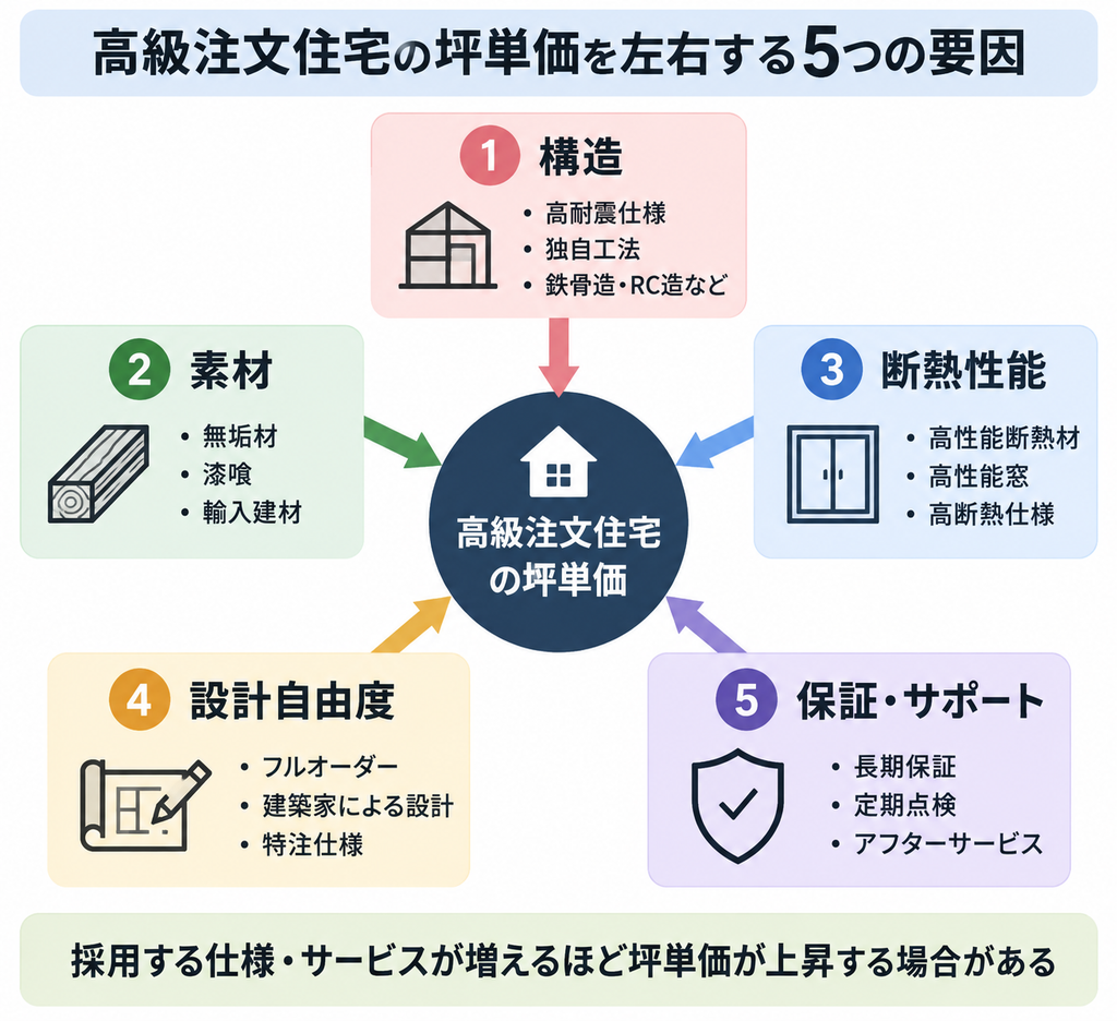 高級注文住宅の坪単価を左右する構造・素材・断熱性能・設計自由度・保証の5要因を示す相関図