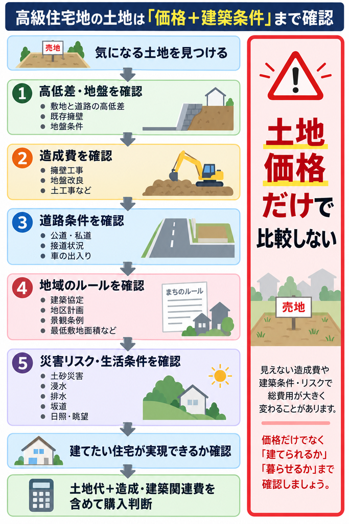 高級住宅地の土地購入で地盤や造成費、道路、地域ルール、災害リスクを順に確認するフロー図