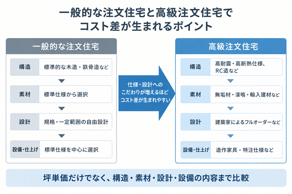 一般的な注文住宅と高級注文住宅の構造・素材・設計・設備によるコスト差を比較した図解