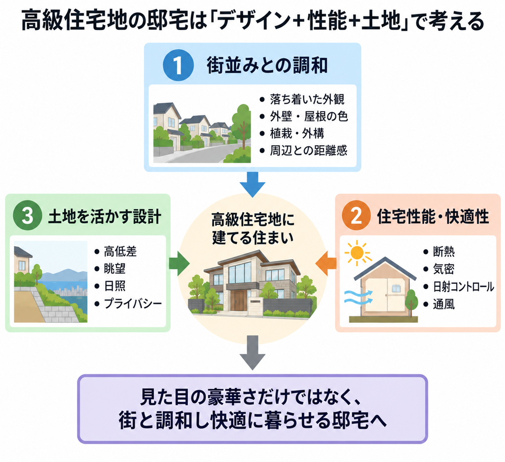 街並みとの調和・住宅性能・土地を活かす設計で高級住宅を考える相関図