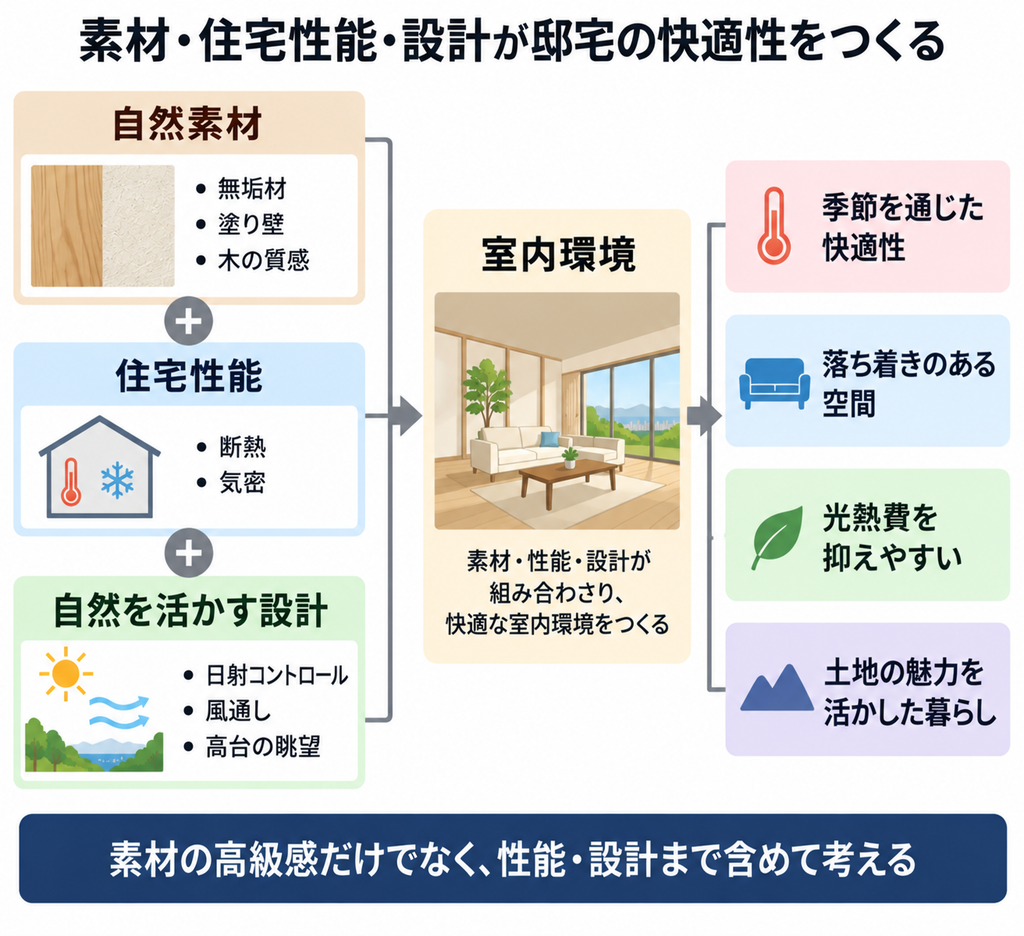 自然素材・住宅性能・自然を活かす設計が邸宅の快適性をつくる相関図