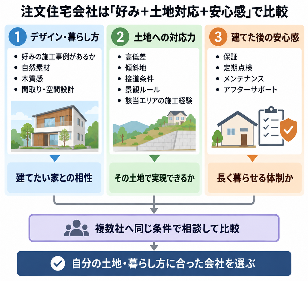 デザイン・土地対応力・アフターサポートで注文住宅会社を比較する図解
