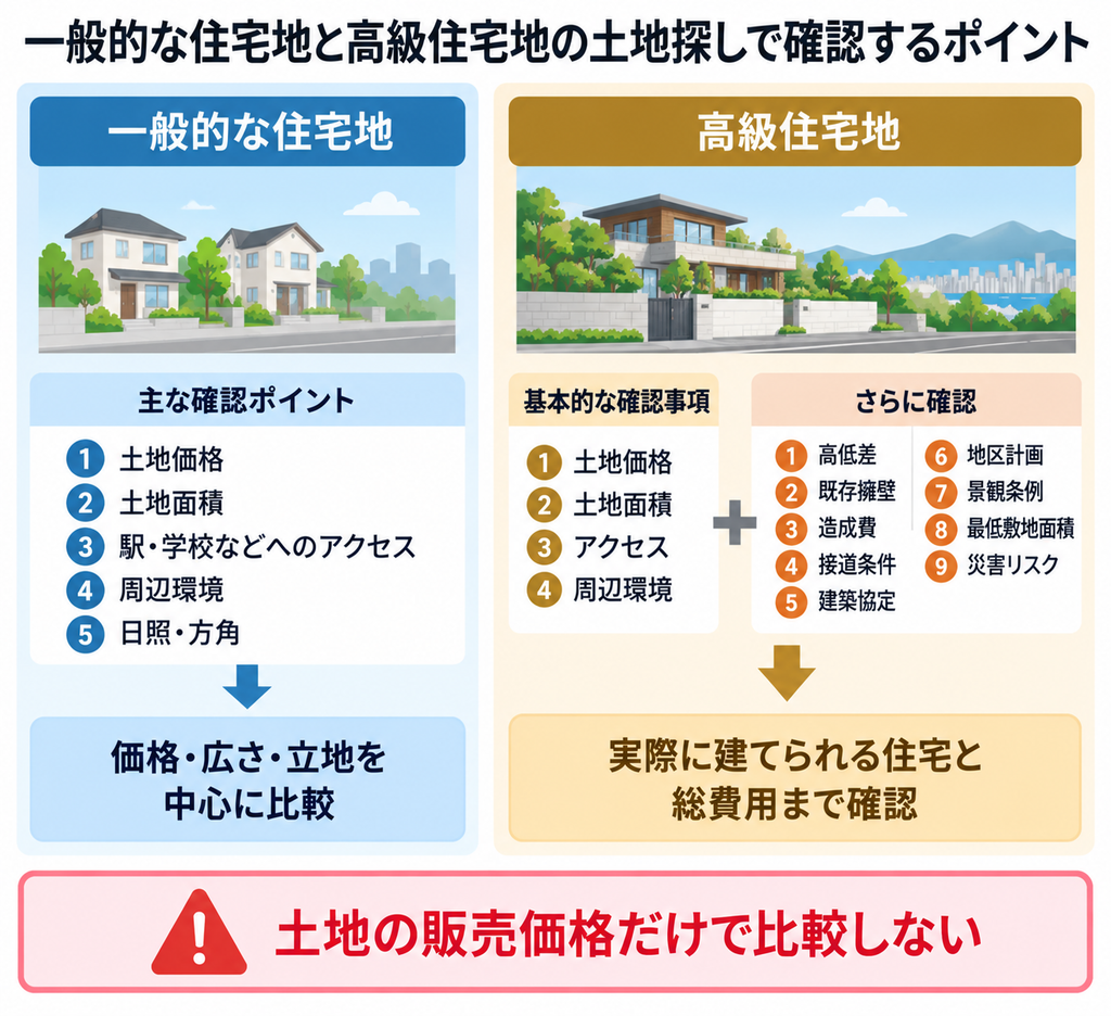 一般的な住宅地と高級住宅地で土地探しの確認ポイントを比較した図解