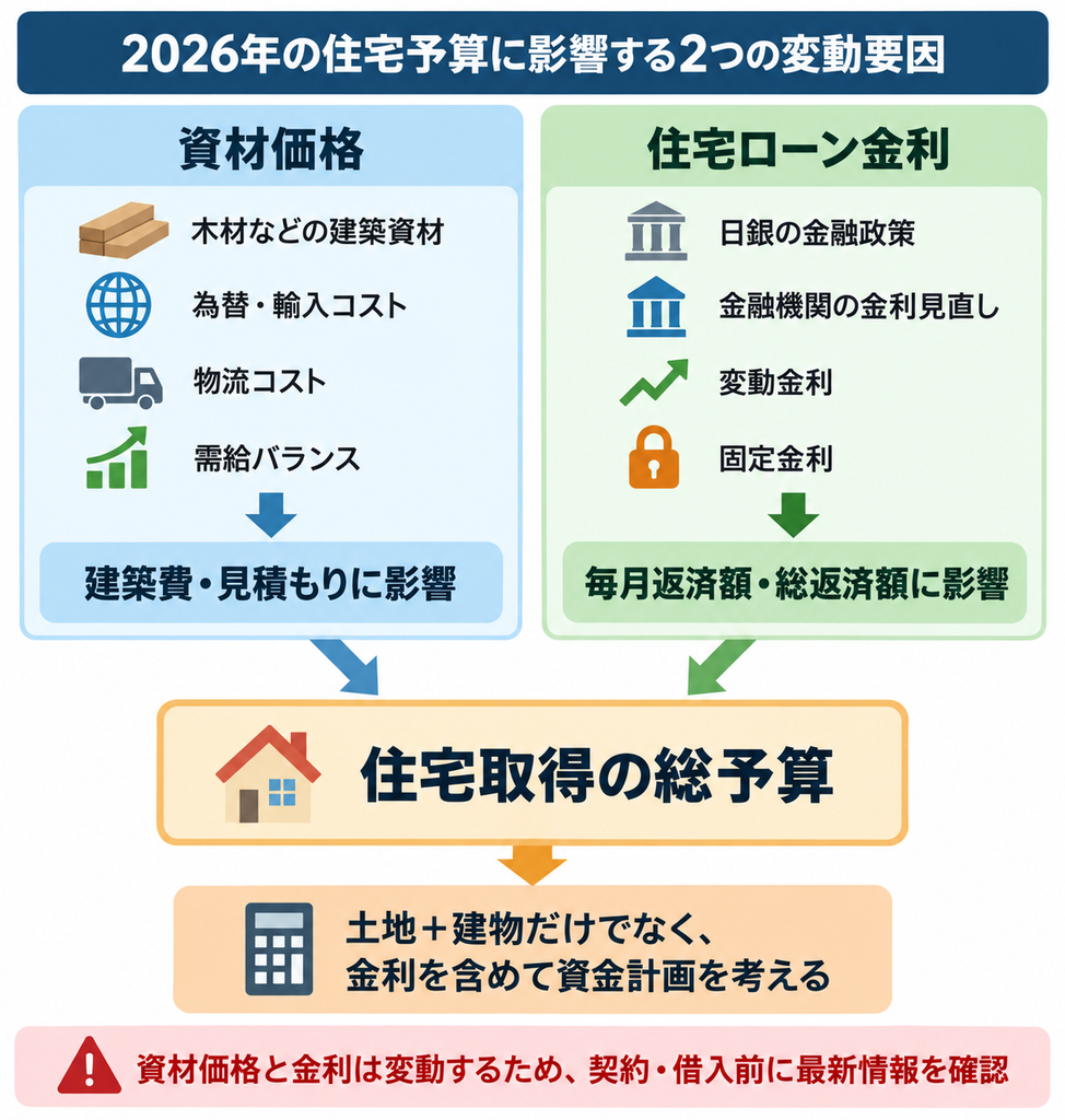 資材価格と住宅ローン金利の変動が住宅取得の総予算に影響する仕組みを示した相関図