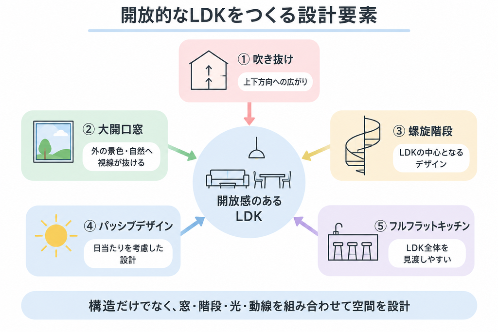 吹き抜けや大開口窓、螺旋階段、光、キッチンが開放感のあるLDKをつくる設計要素を示す図解