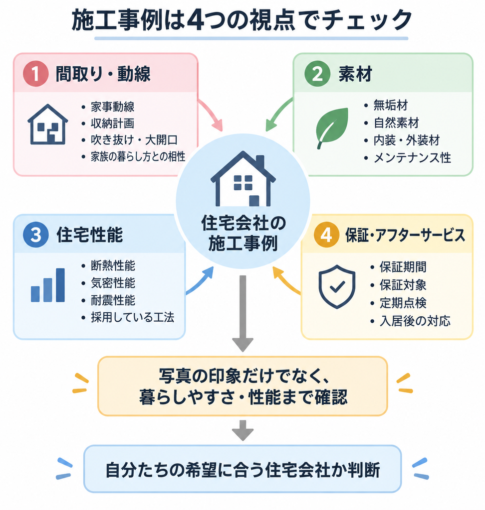 施工事例を間取り・素材・住宅性能・保証の4視点で確認し、希望に合う住宅会社か判断する図解