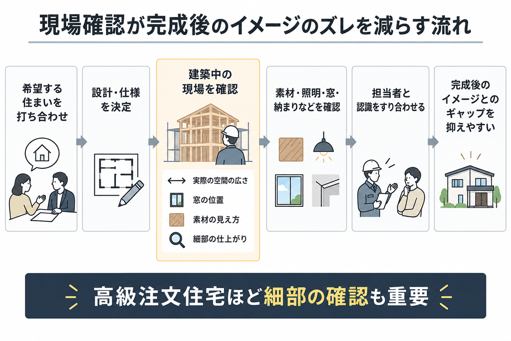 建築中の現場確認と認識のすり合わせで、完成後のイメージのズレを抑える流れを示した図解