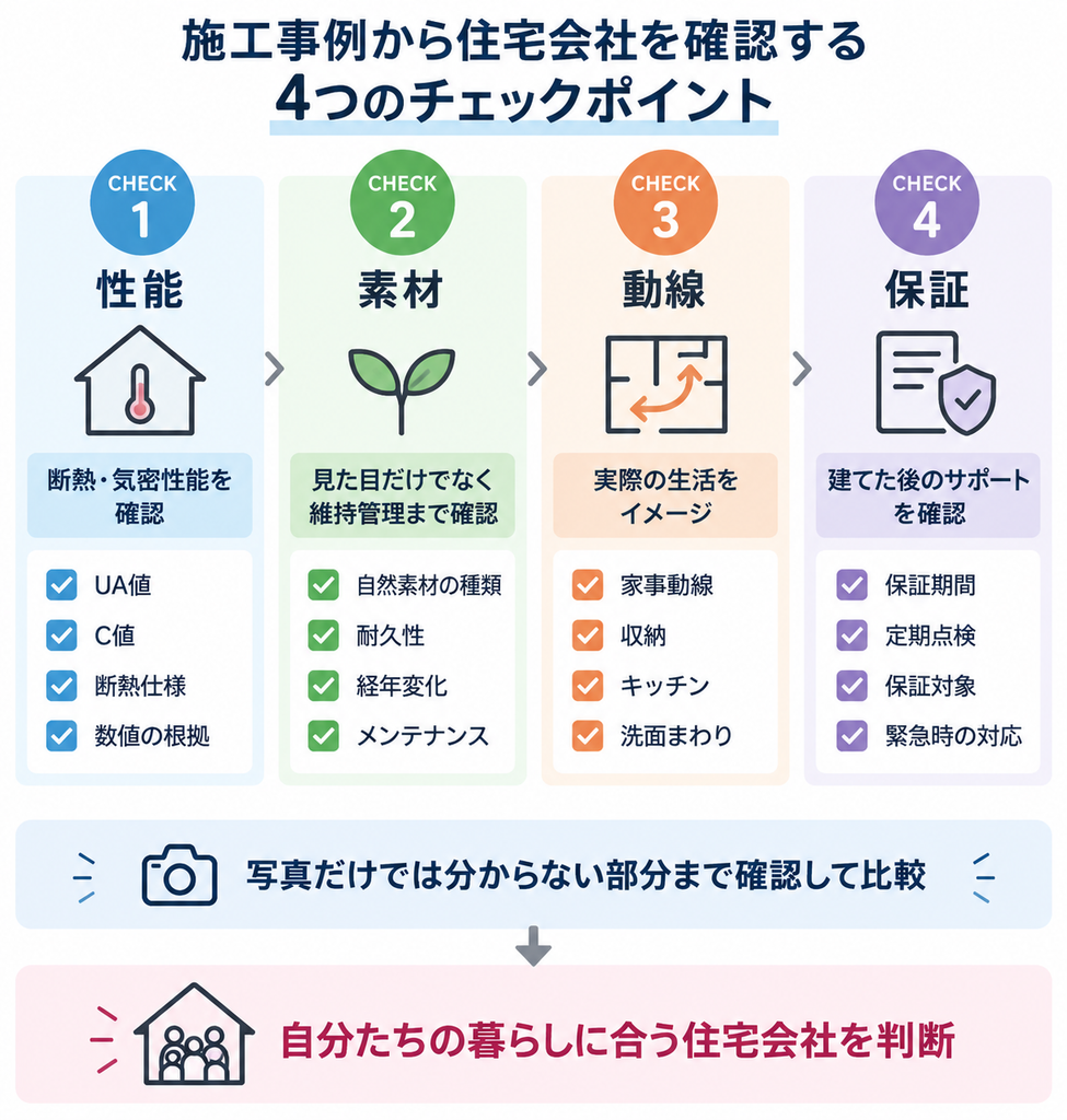 施工事例を性能・素材・動線・保証の4項目で確認し、住宅会社を比較する図解