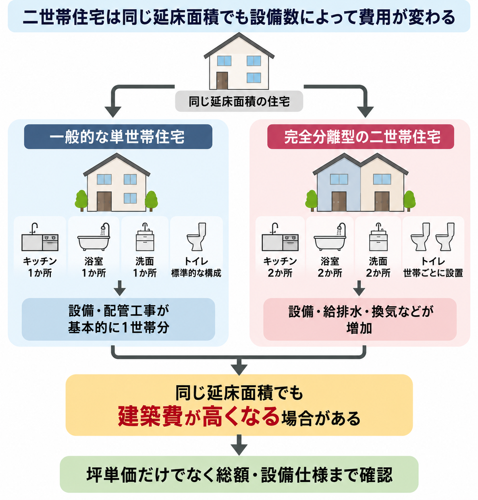 同じ延床面積でも設備数の増加により二世帯住宅の建築費が高くなる仕組みを示した図解