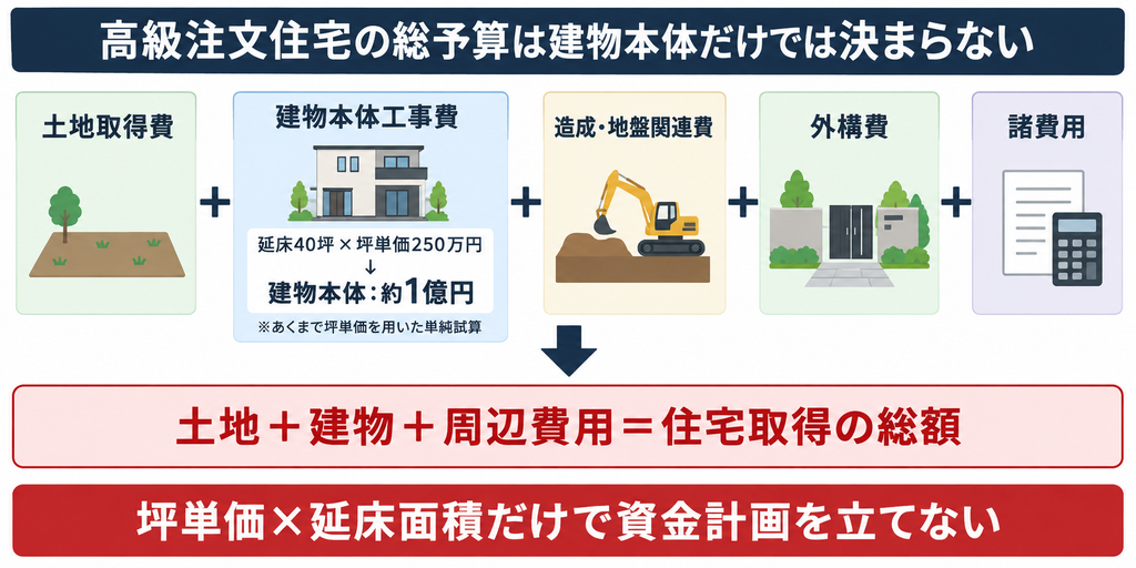 高級注文住宅の総予算を土地・建物・造成・外構・諸費用に分け、坪単価だけで判断しない考え方を示す図解