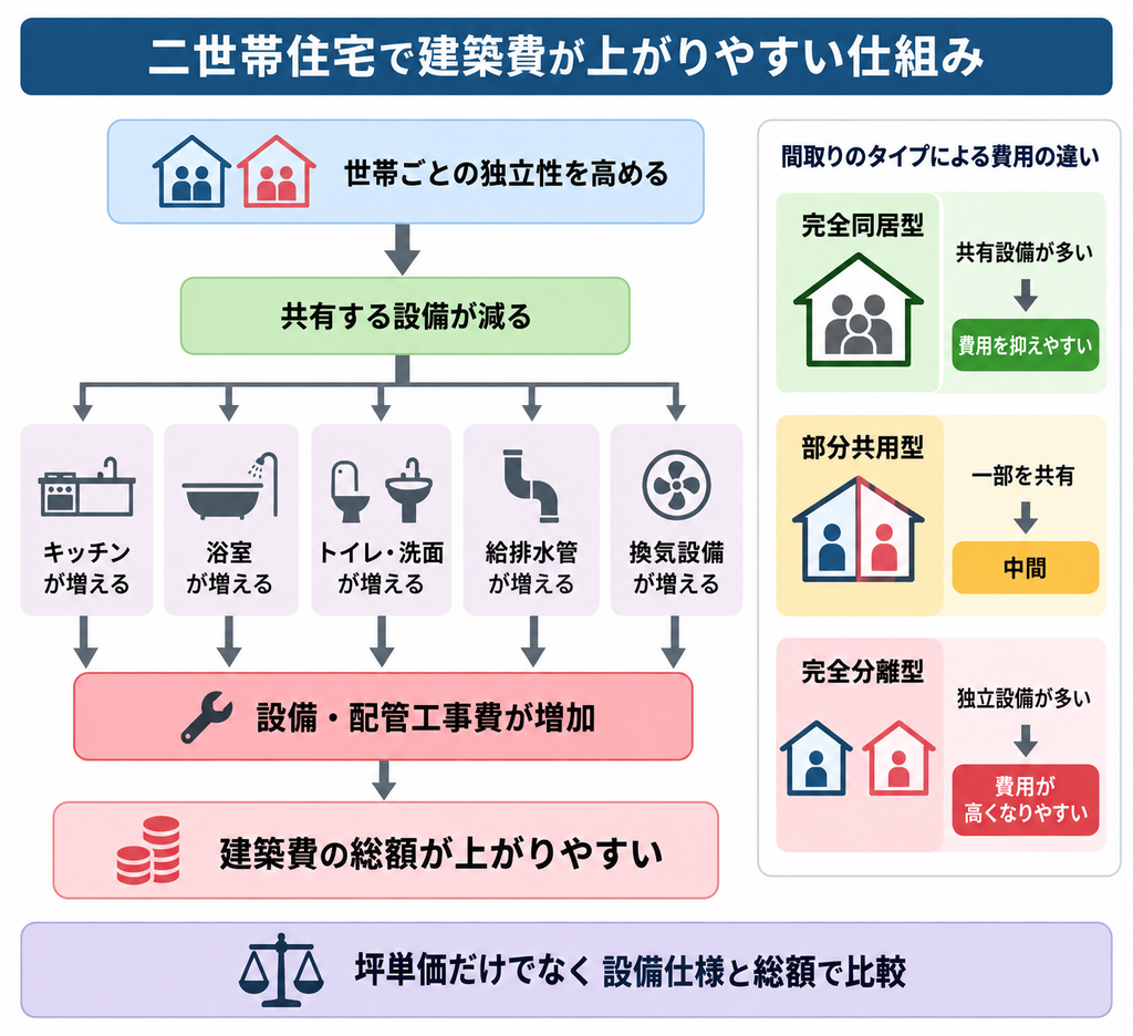 二世帯住宅は独立設備が増えるほど配管工事費などが増え、建築費の総額が上がりやすい仕組みを示す図