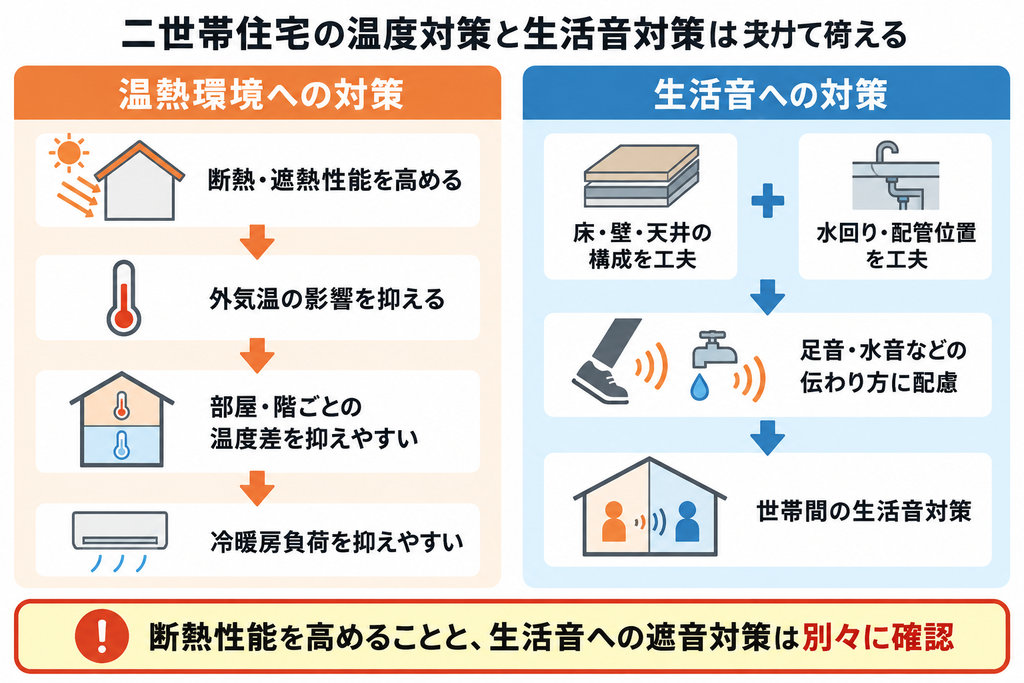 二世帯住宅の温度対策と生活音対策を左右で比較し、それぞれ別に確認する重要性を示す図解
