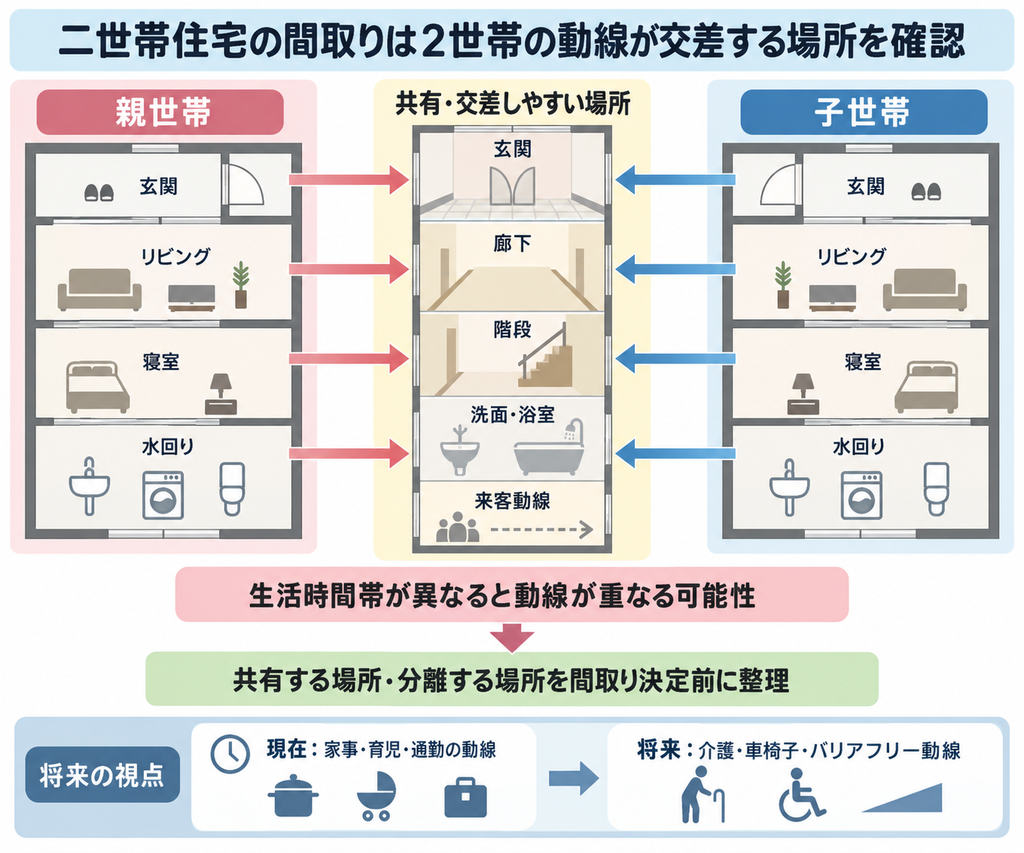親世帯と子世帯の共有動線や交差箇所、将来の介護・バリアフリー動線を整理した二世帯住宅の間取り図解