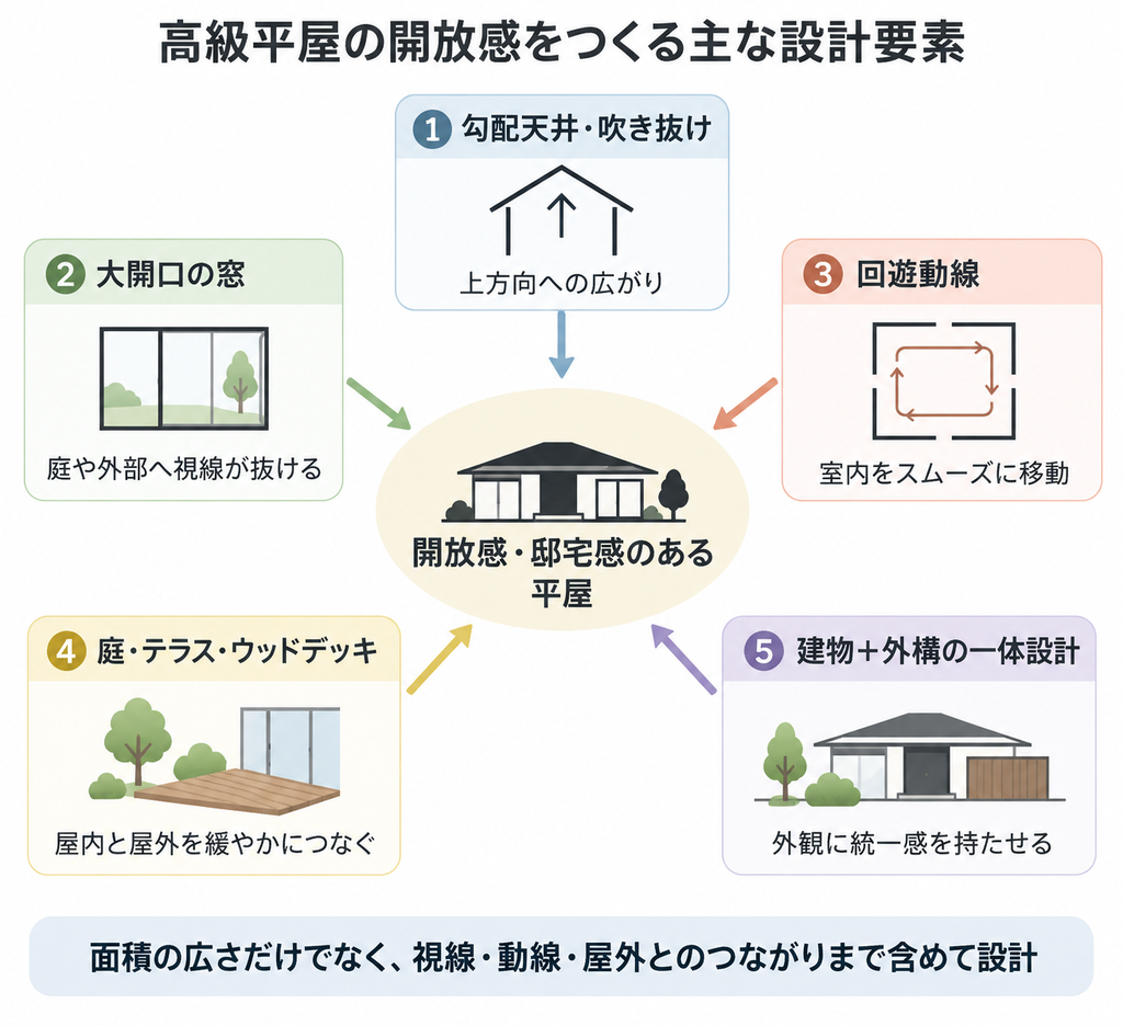 高級平屋の開放感を生む勾配天井や大開口、回遊動線、庭、外構の5つの設計要素を示した相関図