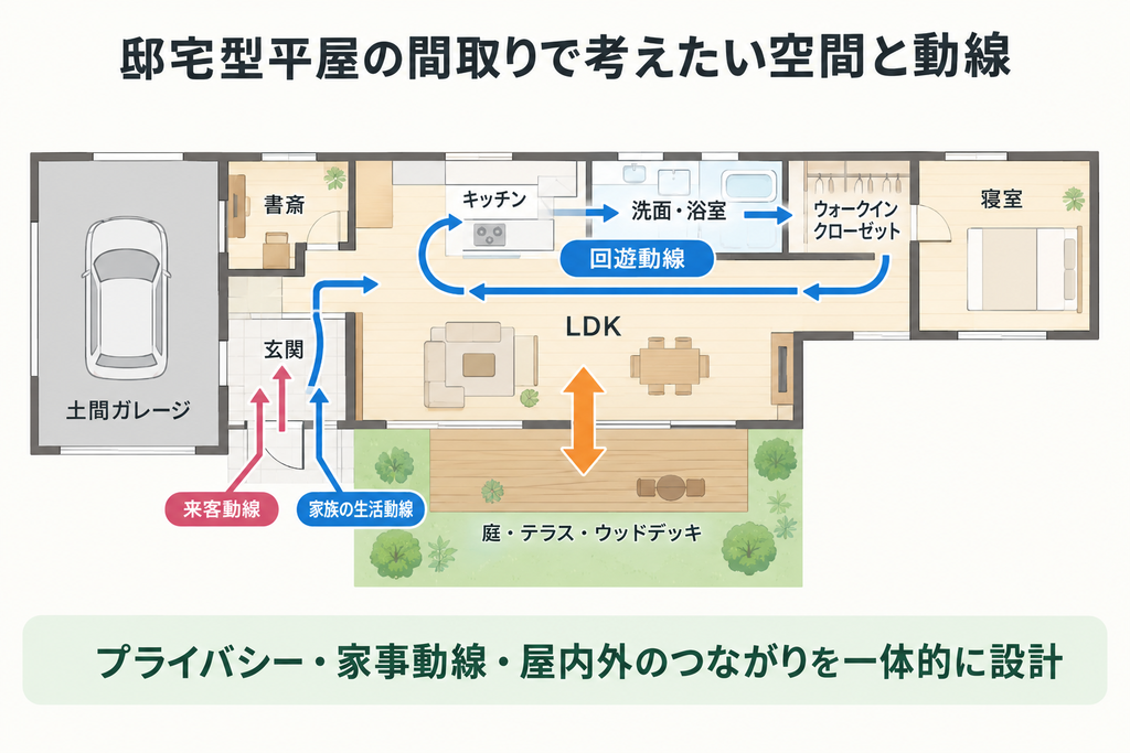 邸宅型平屋の間取りで、回遊動線や来客動線、LDKと庭のつながりを示した概念図