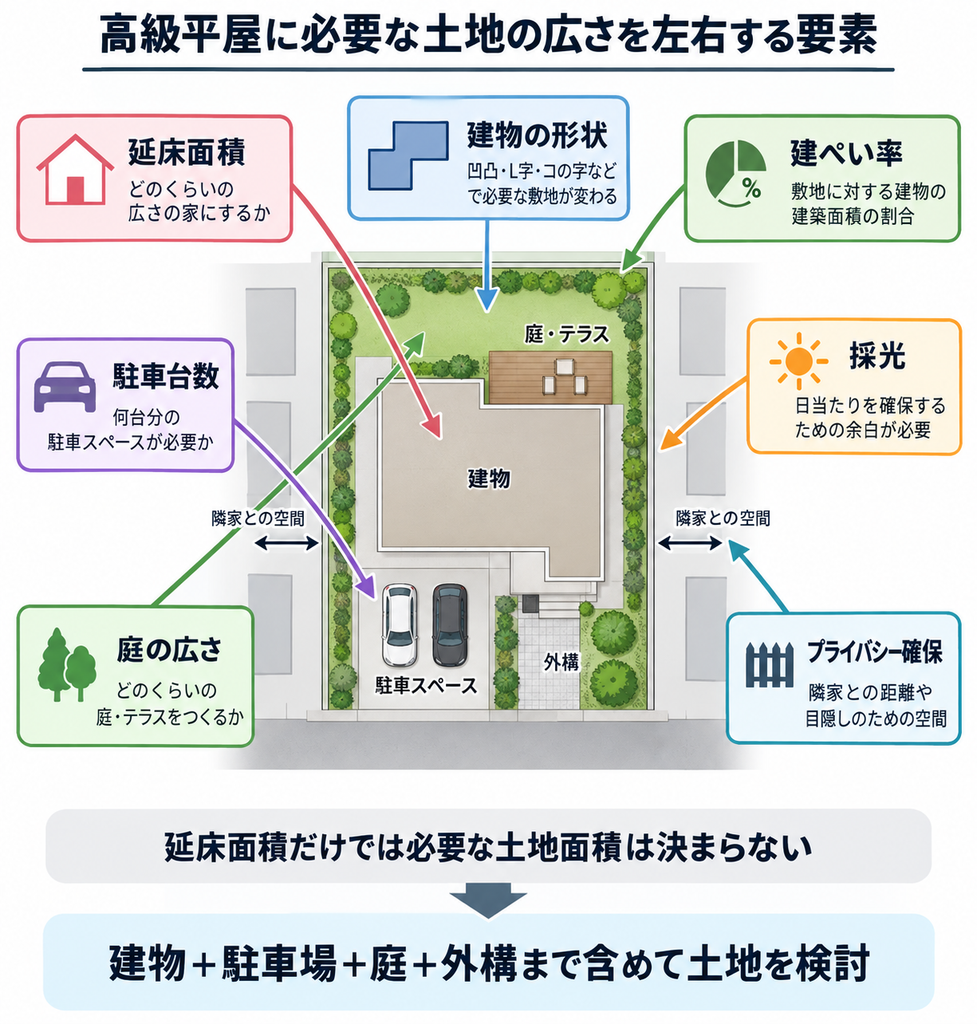 高級平屋に必要な土地の広さを左右する建物・駐車場・庭・外構・採光などの要素を示す概念図