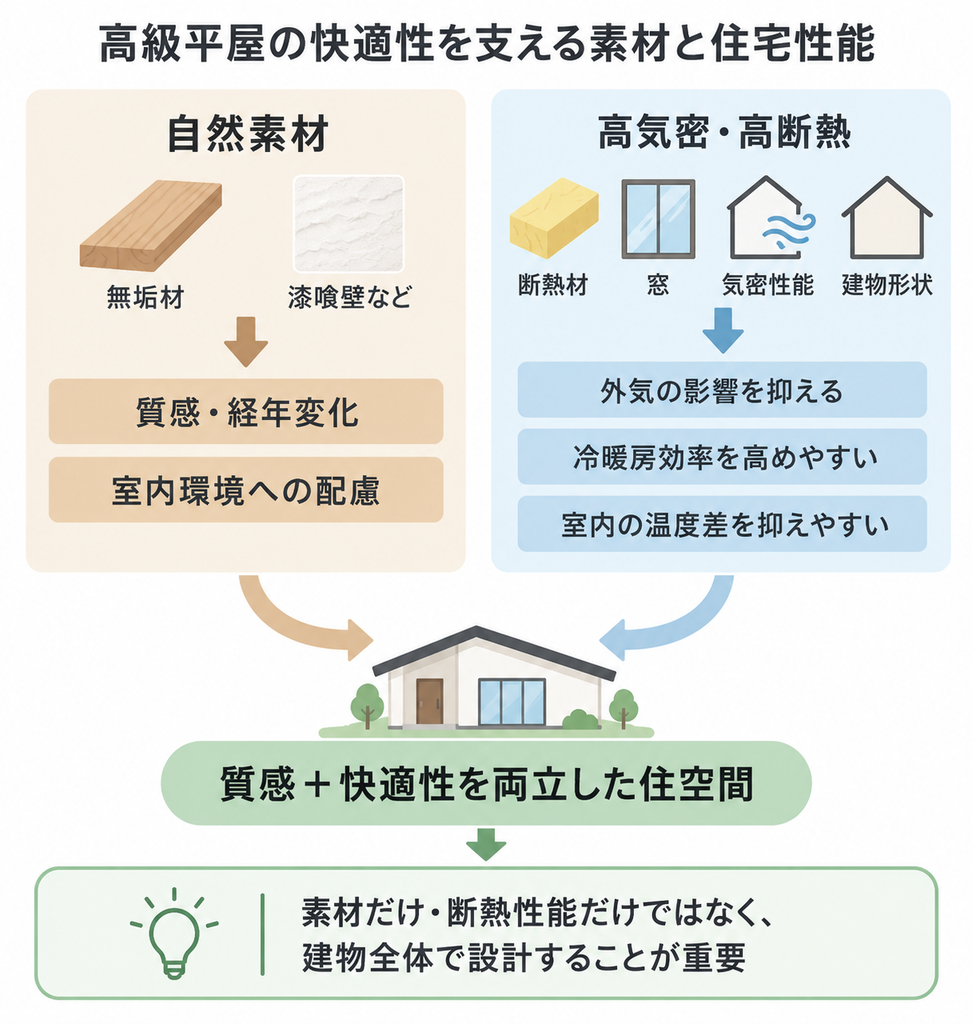 自然素材と高気密・高断熱を組み合わせ、高級平屋の質感と快適性を建物全体で高める相関図