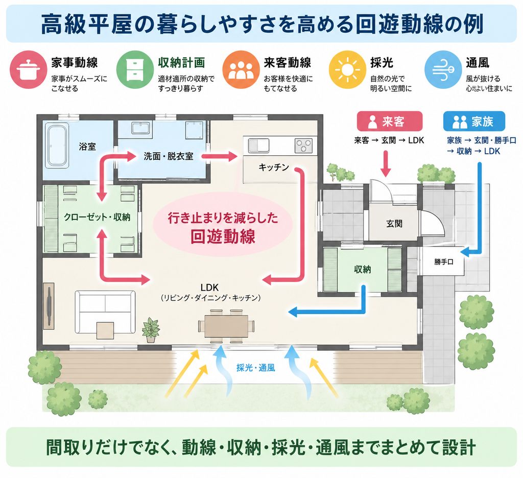 自然素材と高気密・高断熱を組み合わせ、高級平屋の質感と快適性を建物全体で高める相関図
