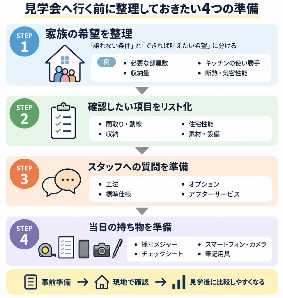 見学会前に家族の希望や確認項目、質問、当日の持ち物を4ステップで整理する準備の流れを示した図解