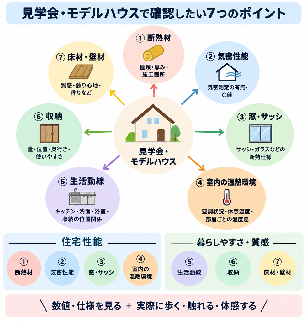 見学会・モデルハウスで住宅性能や生活動線、収納、素材の質感など7つの確認ポイントを示した図解