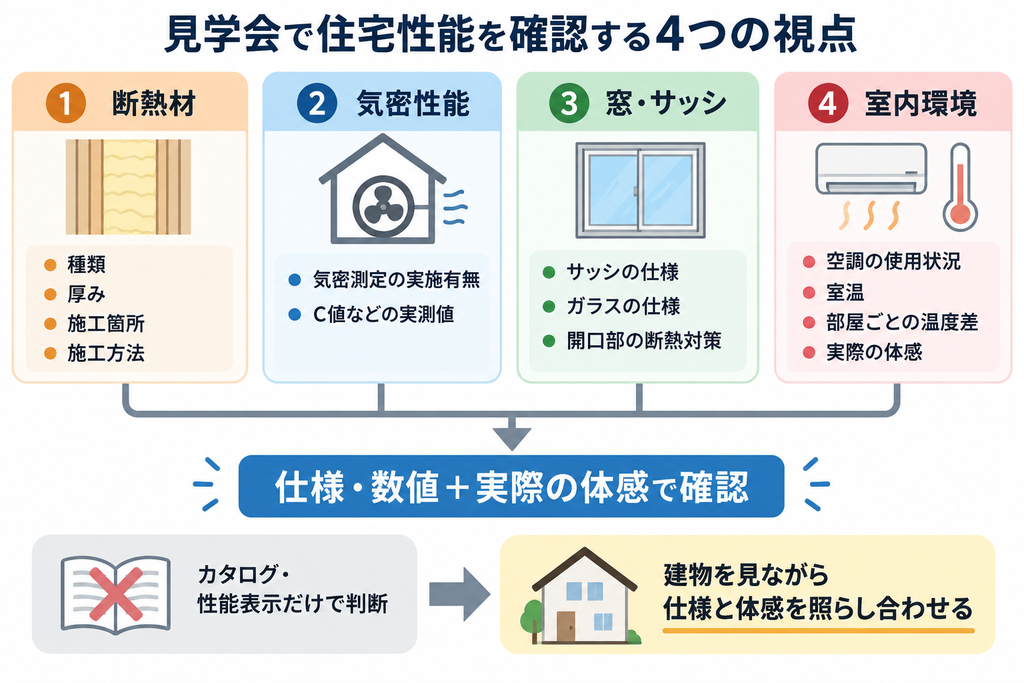 見学会で断熱材・気密性能・窓・室内環境を確認し、仕様や数値と実際の体感を照らし合わせる図解