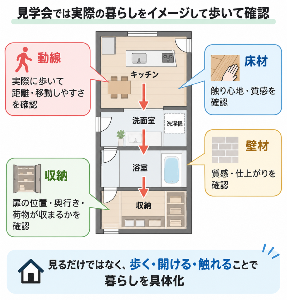 見学会で生活動線や収納、床材・壁材を歩く・開ける・触れることで確認するポイントを示した図解