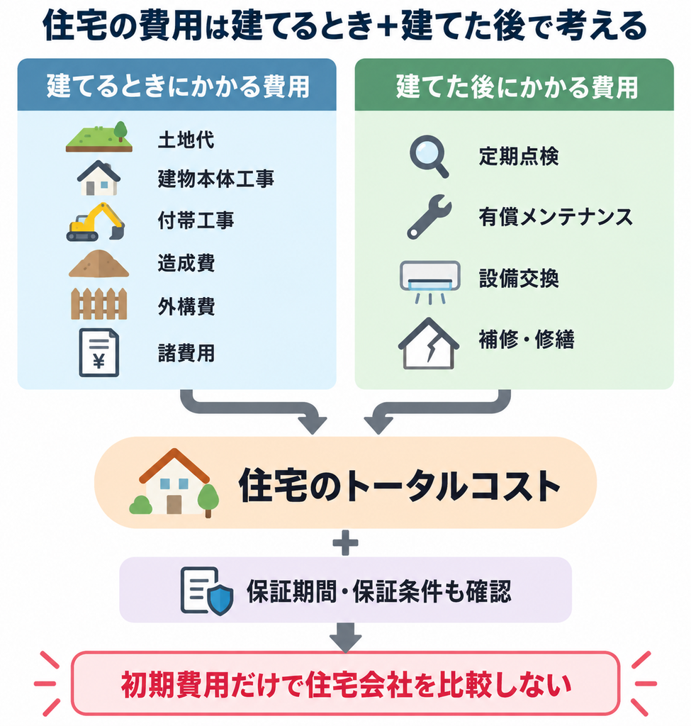 住宅の初期費用と維持費、保証条件を含めトータルコストで住宅会社を比較する考え方を示す図解