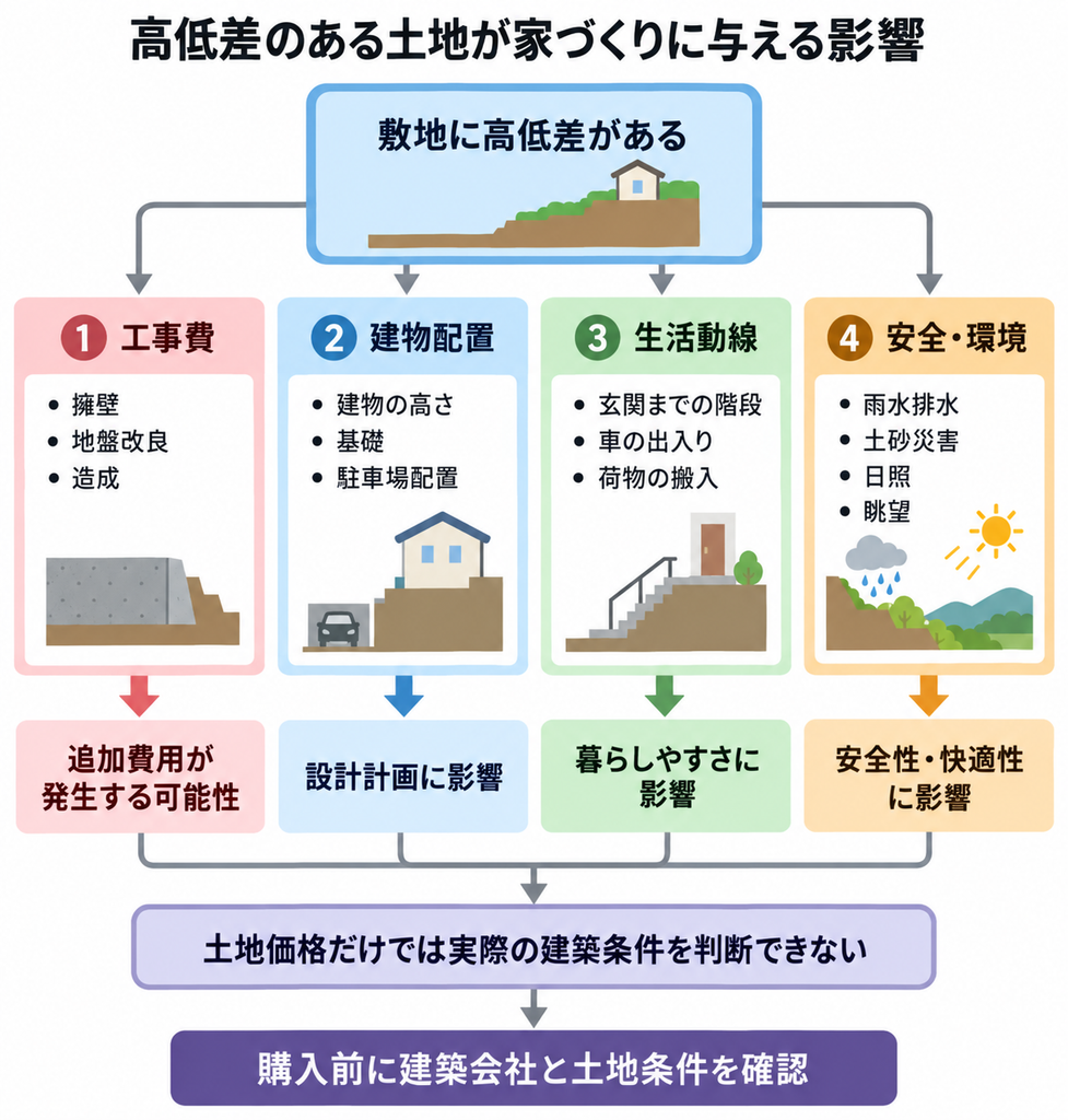 高低差のある土地が工事費や設計、生活動線、安全性に与える影響を示す図解