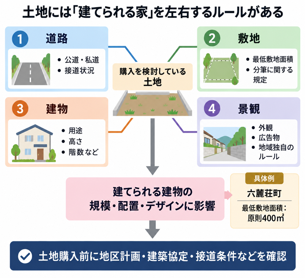 土地の道路・敷地・建物・景観ルールが建築計画に与える影響を示す図解