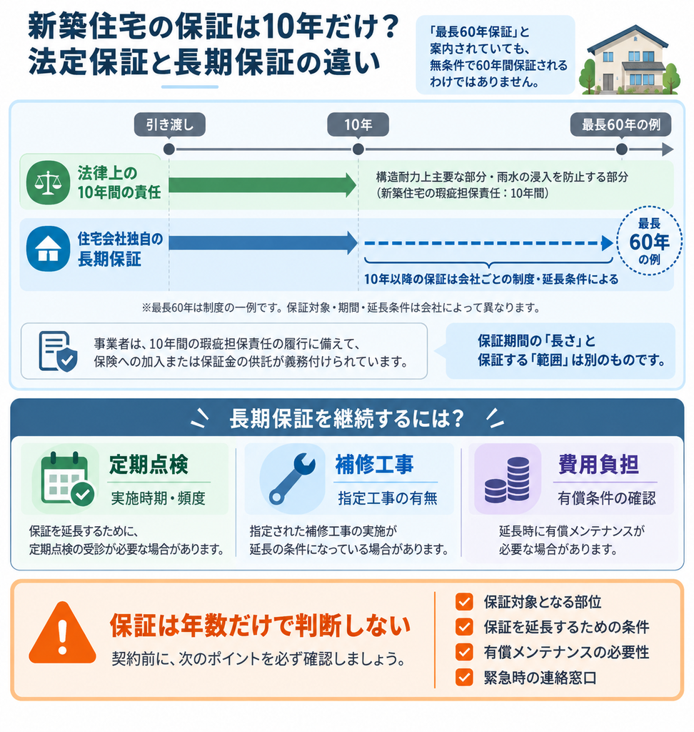 新築住宅の法律上の10年間の責任と、住宅会社独自の最長60年保証の例、延長条件や費用負担を比較した図解