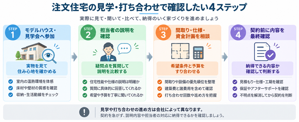 モデルハウス見学、担当者への質問、間取り・予算の相談、契約前の最終確認までを4ステップで整理した図解
