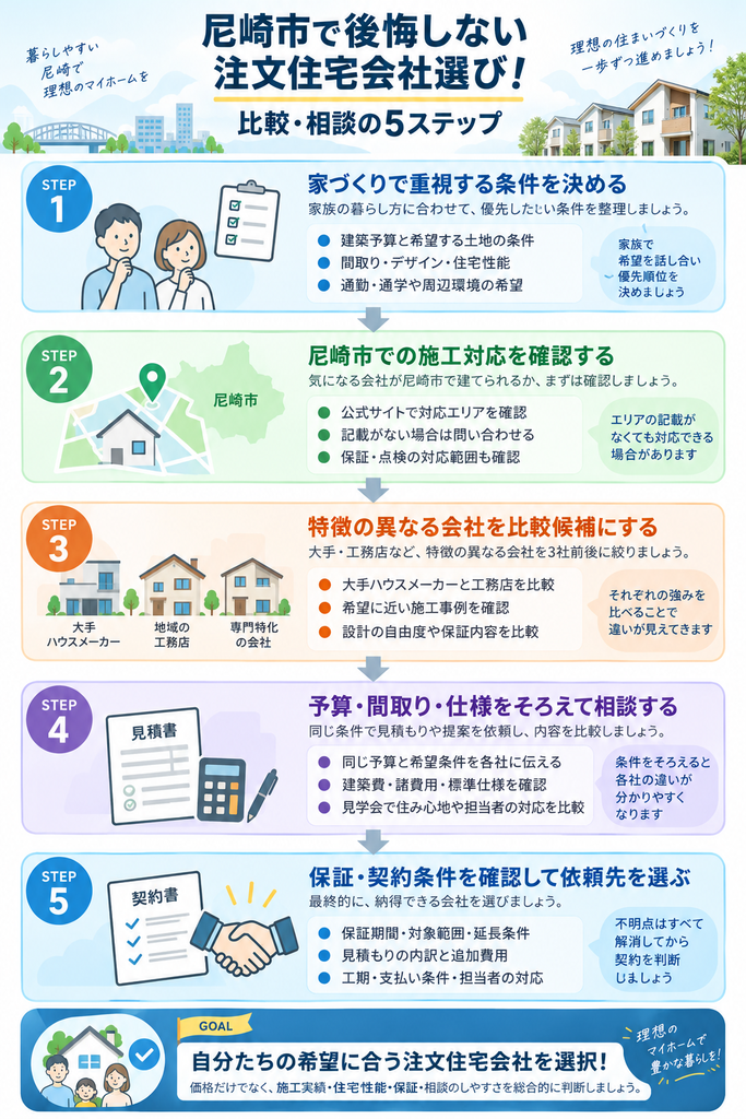 尼崎市で注文住宅会社を選ぶ際の条件整理、施工対応確認、候補選定、見積もり比較、契約条件確認の5ステップを示した図解