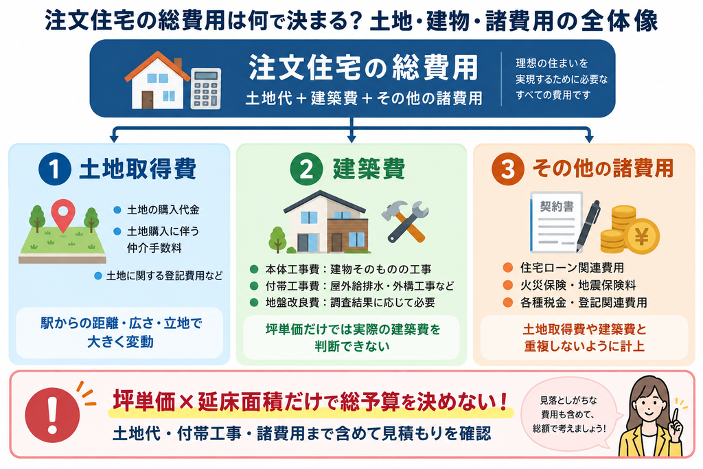 注文住宅の総費用を土地取得費・建築費・諸費用の3つに分類し、それぞれの内訳と予算計画の注意点を示した図解