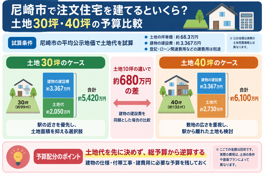 尼崎市で土地30坪なら約5,420万円、40坪なら約6,100万円となる注文住宅の土地代と建設費を比較した図解