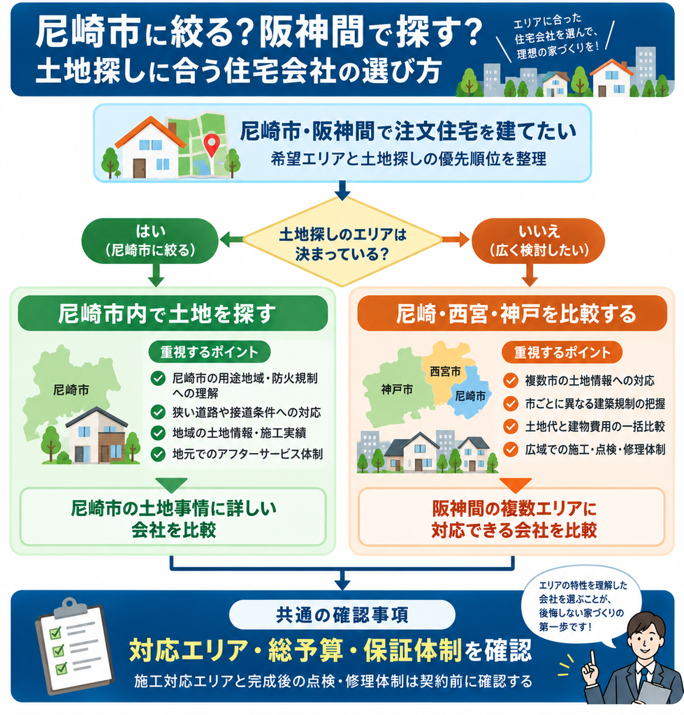 尼崎市内に絞る場合と西宮・神戸まで広げる場合で、住宅会社選びの確認ポイントを分岐形式で整理した図解