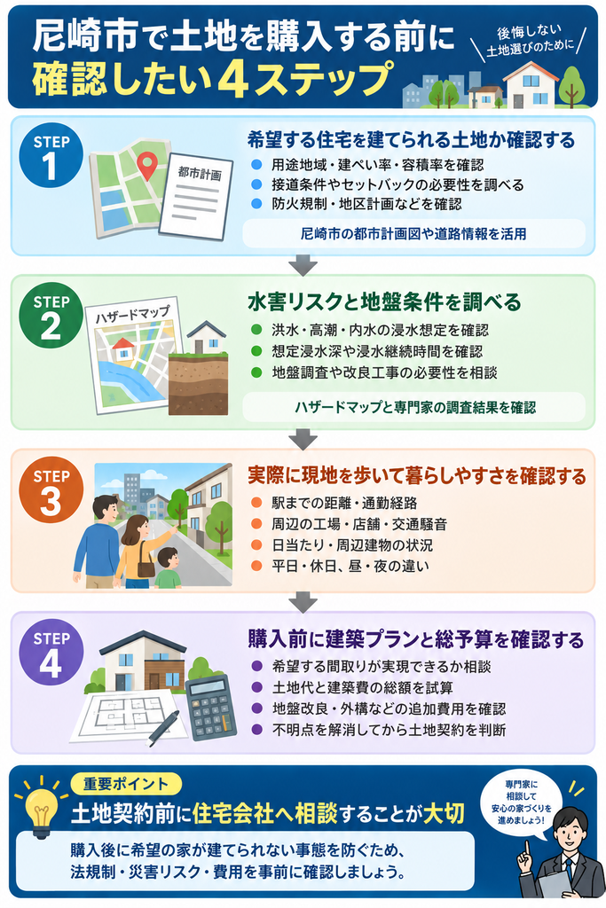 尼崎市の土地購入前に確認する建築条件・災害リスク・周辺環境・建築プランと総予算の4ステップを示した図解